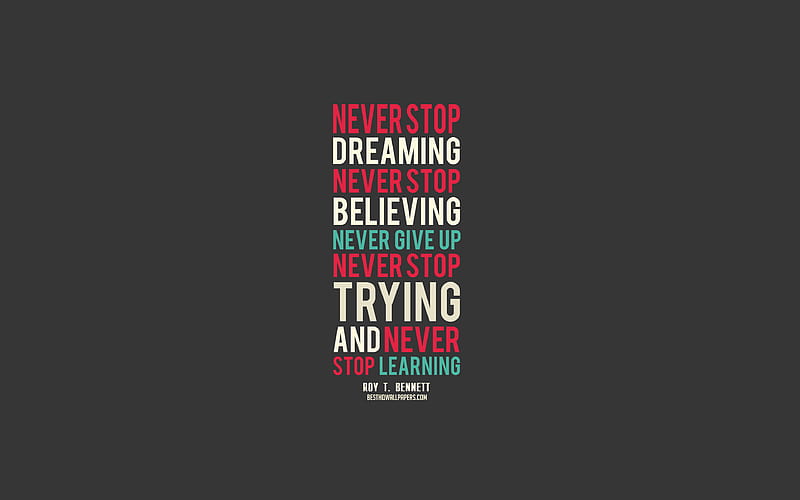 Never stop dreaming never stop believing never give up never stop trying and never stop learning, Roy Bennett quotes, creative art, popular quotes, HD wallpaper