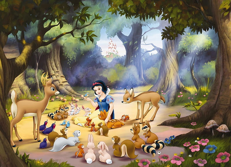 Snow White, forest, fantasy, girl, princess, disney, animal, deer, HD wallpaper