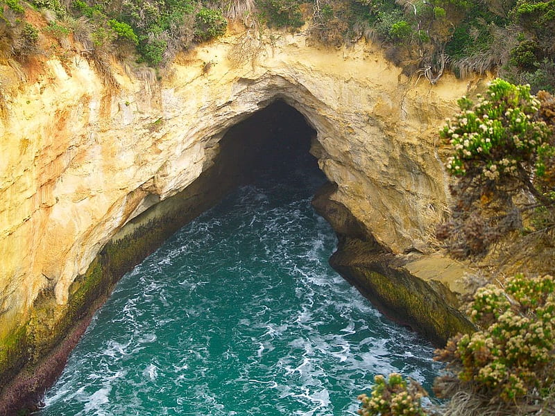 Great Ocean Road Blow Hole, rocks, water, green, cliff, blow hole, trees, HD wallpaper