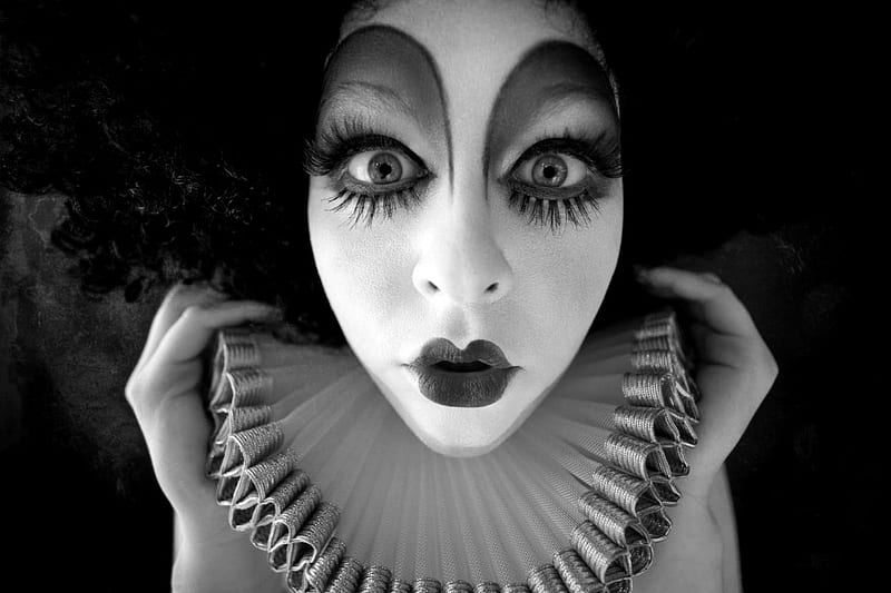 Masque, performance, costume, black, harlequin, clown, graphy, wp, bw, face, portrait, white, mask, HD wallpaper