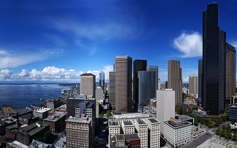 Seattle Down Town, architecture, buildings, washington, city scape, sky, modern, city, water, seattle, skyline, down town, HD wallpaper
