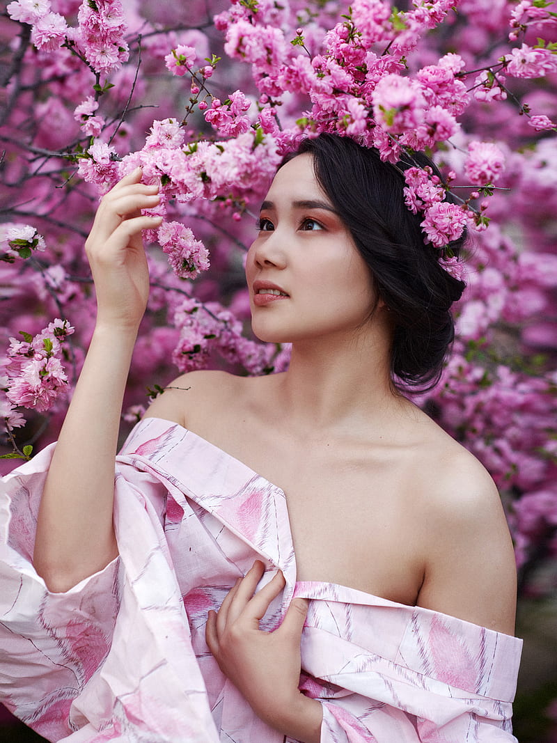 Asian, women, flowers, bare shoulders, Gene Oryx, cherry blossom, HD phone wallpaper