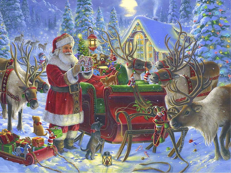 Santa's Sleigh, moons, villages, Christmas, sleigh, holidays, love four seasons, santa claus, winter, xmas and new year, paintings, snow, reindeer, forests, gifts, HD wallpaper