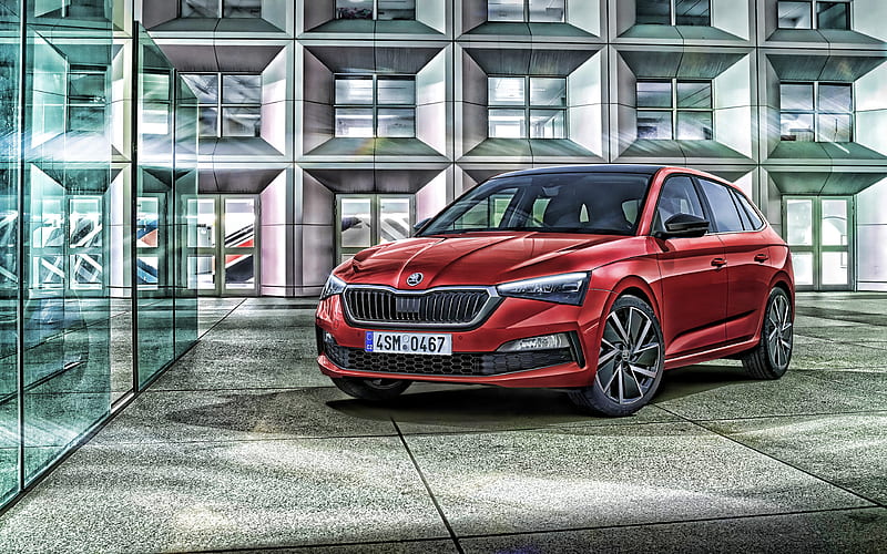 Skoda Scala, 2019 red hatchback, front view, exterior, new red Scala, Czech cars, Skoda, HD wallpaper