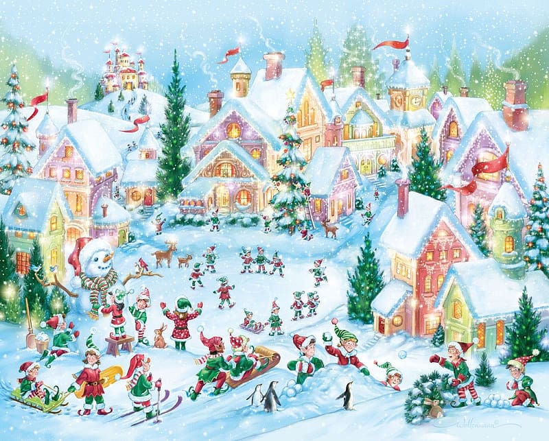 :), winter, art, craciun, pictura, christmas, elf, village, santa, painting, HD wallpaper