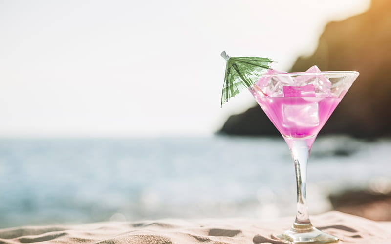 Cocktail, drink, umbrella, summer, pink, beach, vara, HD wallpaper