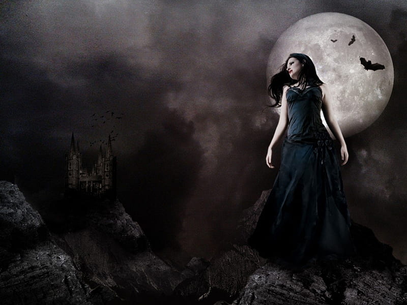 CASTLE ON THE HILL, moon, bats, gothic, dark, castle, hill, HD wallpaper
