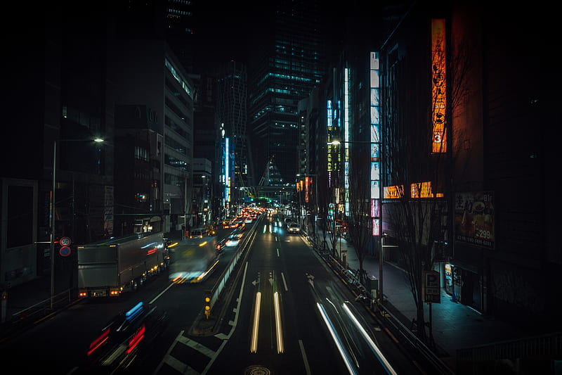 night city, street, city lights, traffic, buildings, tokyo, japan, HD wallpaper