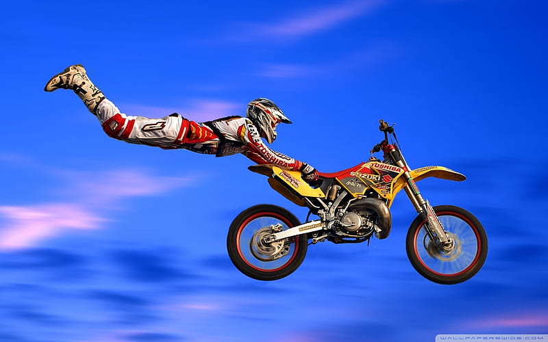 motocross jump, motorbike, blue sky, jump, rider, HD wallpaper