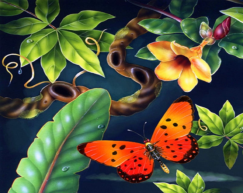 ✬Pretty Acrea✬, pretty, orange, paintings animals, attractions in dreams, bonito, creativer pre-made, leaves, paintings, bright, flowers, butterfly designs, animals, lovely, colors, love four seasons, butterflies, summer, HD wallpaper