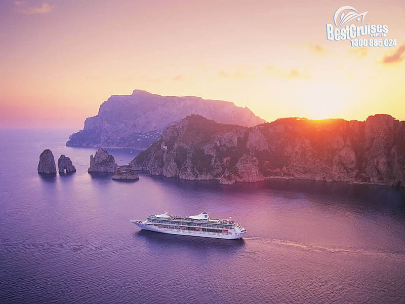 The Cruise, sunset, bonito, ship, ocean, HD wallpaper