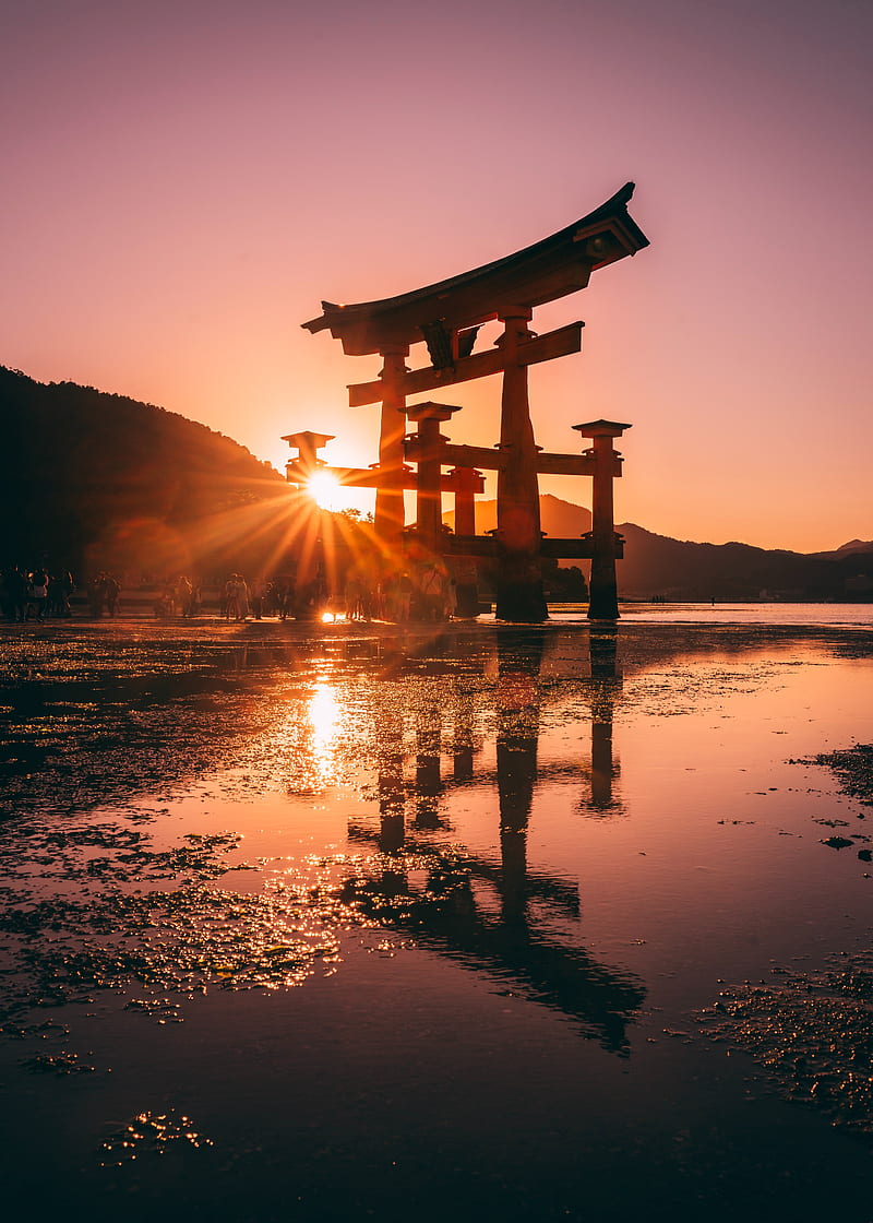 sunset, sun, shinto, sunlight, glare, HD phone wallpaper