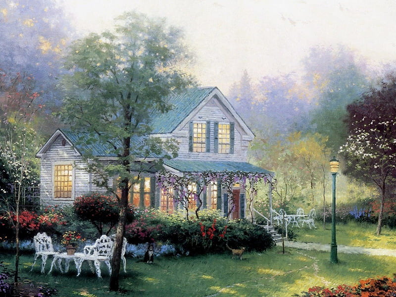 Home Is Where the Heart Is !, house, painting, chairs, garden, lamppost, trees, cats, excellent, HD wallpaper