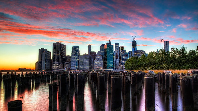 wonderful view of downtown manhattan, city, sunset, clouds, pylons, harbor, skyscrapers, HD wallpaper