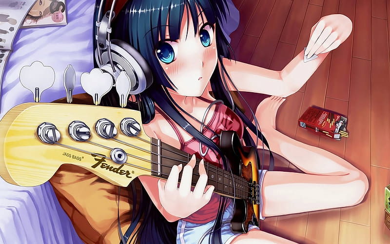 A Day Break, cola, headphones, play, bed, anime, love, room, sing, long hair, blue, rest, floor, music, relax, sexy, song, guitar, girl, HD wallpaper