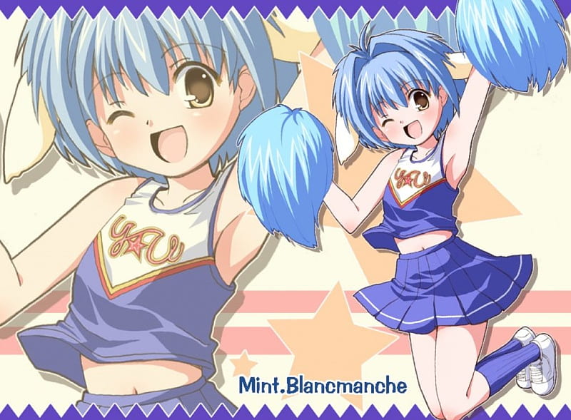 Mint Blancmanche, stars, galaxy angel, pom-poms, cheering, cheerleader outfit, cheers, anime, blue, HD wallpaper