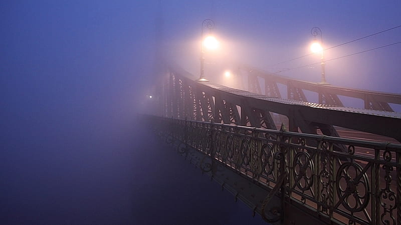 Foggy Bridge, mystical, bridge, ornate, mysterious, lamp posts, fog, Firefox Persona theme, mist, HD wallpaper