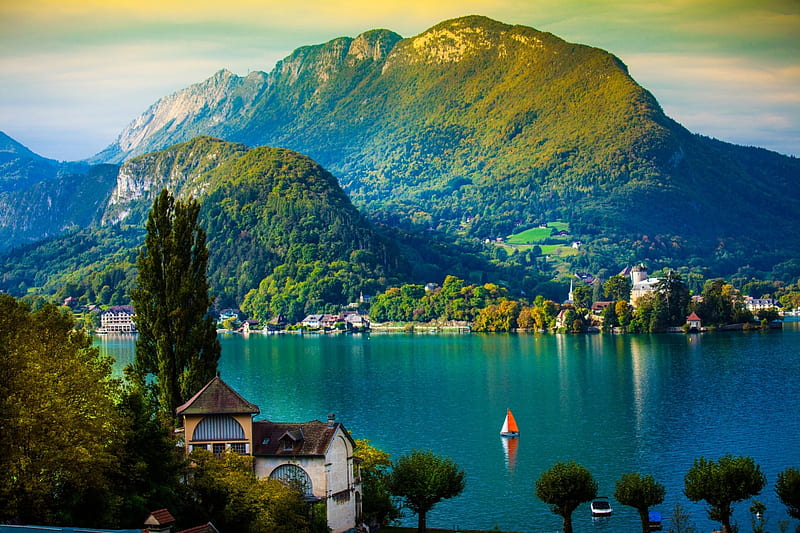 Lake Annecy, France, water, mountains, houses, reflection, trees, HD wallpaper