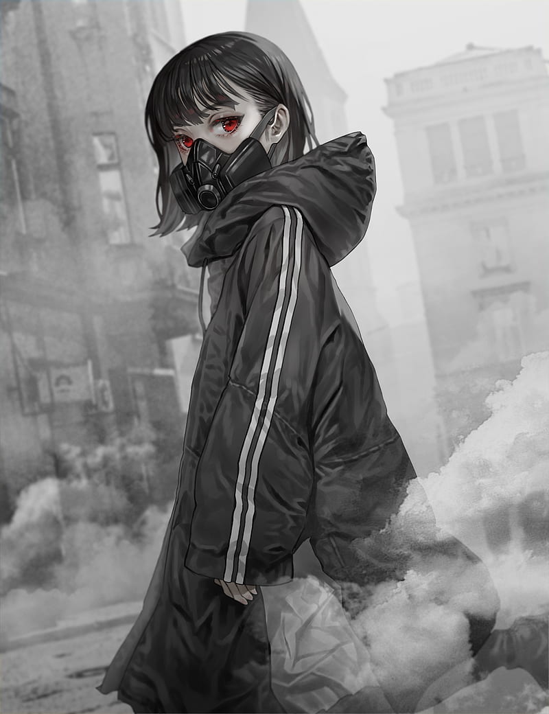 Anime Anime Girls Red Eyes Black Hair Short Hair Gas Masks Original Characters Hd Phone Wallpaper Peakpx