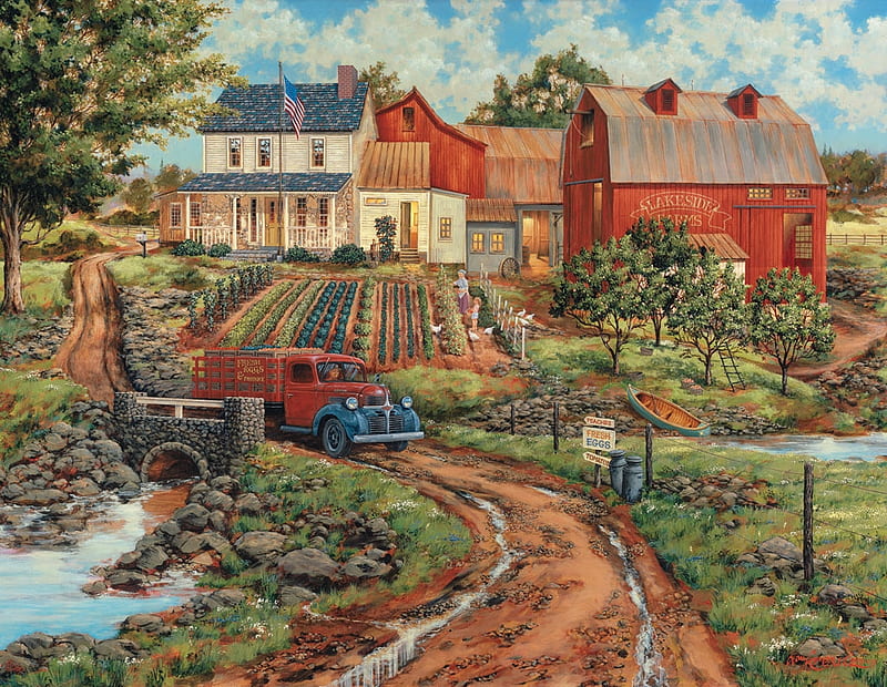 Grandma's Garden, house, car, painting, path, artwork, barn, vintage, HD wallpaper