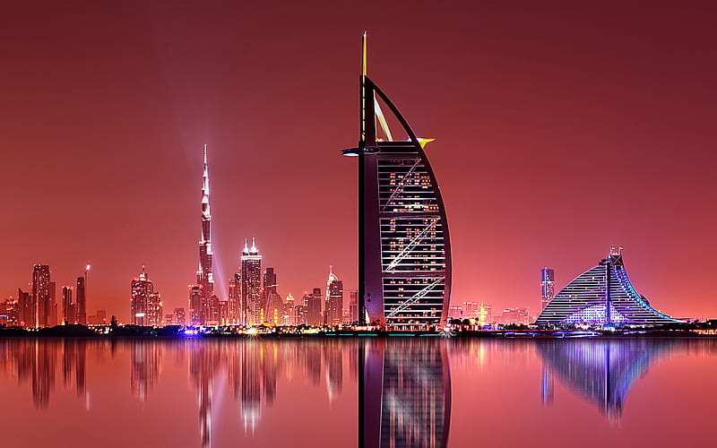 Dubai, Burj Al Arab, UAE, Burj Khalifa, night, skyscrapers, luxury hotel, Dubai cityscape, Dubai skyline, United Arab Emirates, HD wallpaper