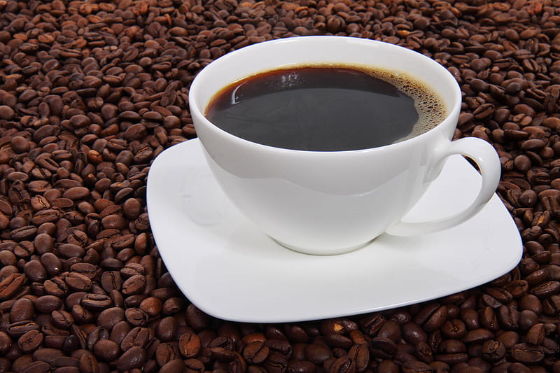 Time to Relax, coffee, saucer, beans, hot, black, cup, drink, white, HD wallpaper