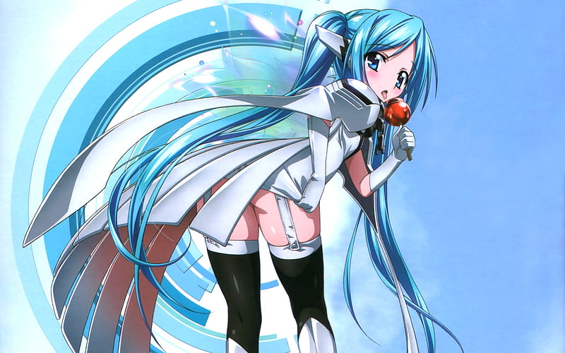 Nymph, pretty, stunning, angeloid, sora no otoshimono, candy apple, sweet, nice, mecha, aqua, beauty, clouuds, wings, twintail, black, sky, sexy, cute, cool, awesome, white, candy, bonito, thighhighs, forte, hot, butt, blue, amazing, garterbelt, angel, leggings, uniform, HD wallpaper