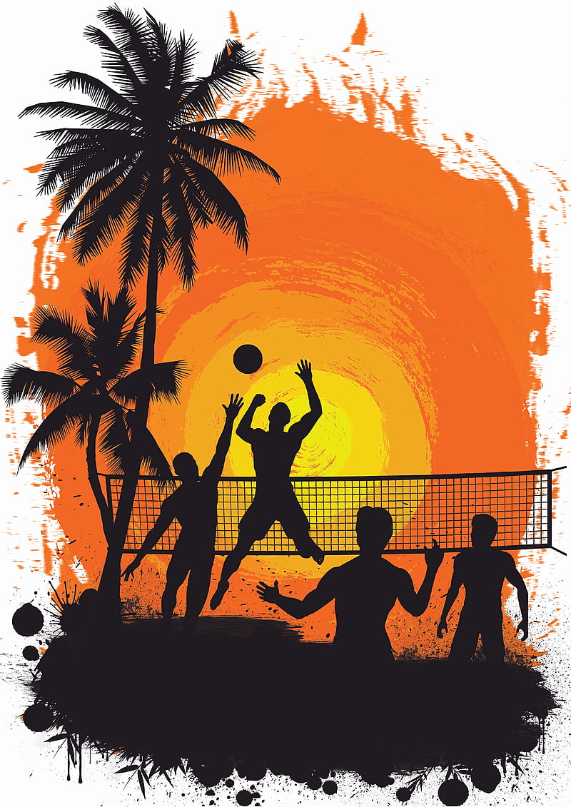 volleyball, silhouettes, sun, palm trees, art, HD phone wallpaper