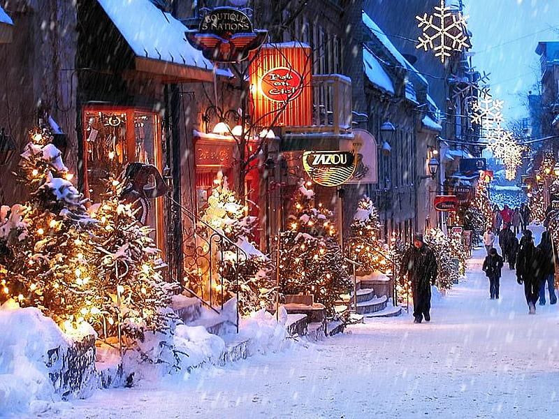 Christmas street, christmas, snow, decoration, trees, street, lights, winter, HD wallpaper