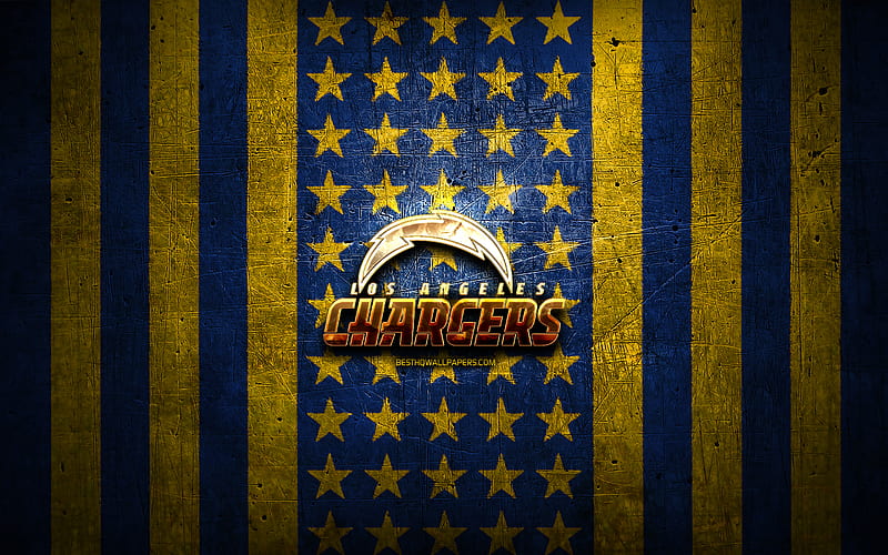 Los Angeles Chargers flag, NFL, blue yellow metal background, american football team, Los Angeles Chargers logo, USA, american football, golden logo, Los Angeles Chargers, LA Chargers, HD wallpaper