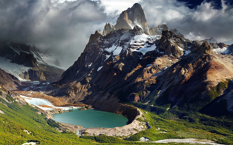 landscape, mountains, top, lake, argentina, nature, patagonia, snow, HD wallpaper