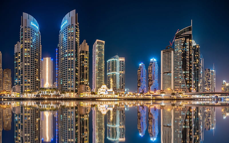 Dubai, nightscapes, UAE, skyscrapers, modern buildings, cityscapes, United Arab Emirates, Dubai at night, HD wallpaper