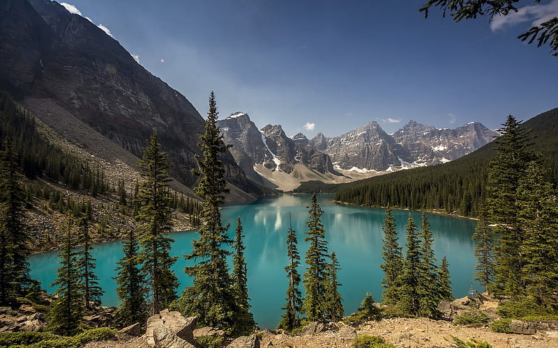 Moraine lake, mountain lake, summer, forest, mountains, Alberta, Canada, HD wallpaper