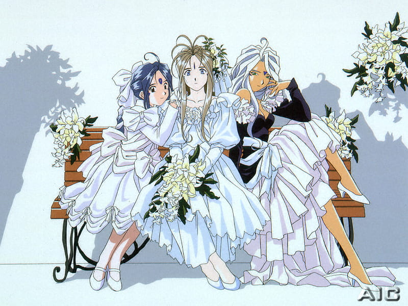 Ah My Goddess, bouquet, anime, flowers, bench, three, wedding, HD wallpaper