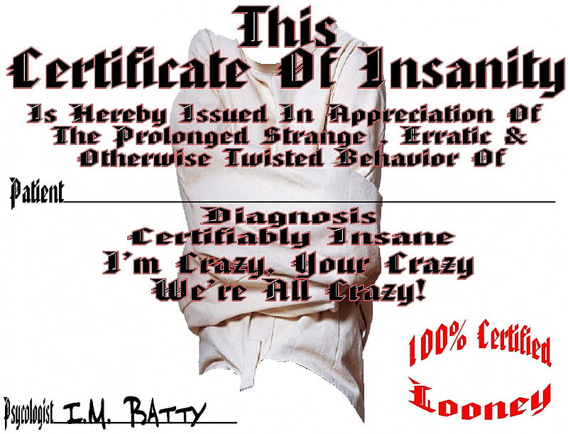 Certificate of Insanity Version 2, mind teasers, insanity, funny, crazy, HD wallpaper