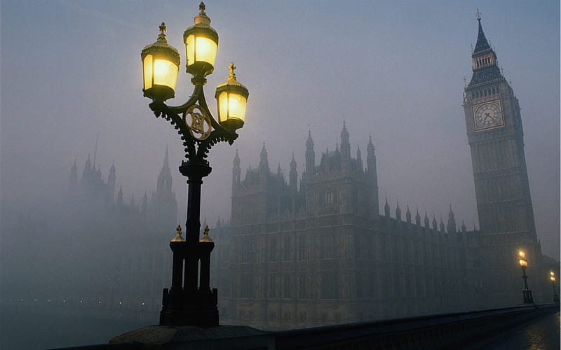 Misty London, the houses of parliament, latern, england, westminster palace, london, fog, HD wallpaper