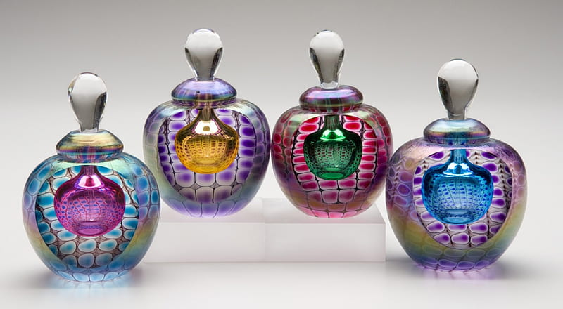 Perfume bottles, perfume, colorful, bottle, yellow, fragrance, glass, green, purple, pink, blue, HD wallpaper