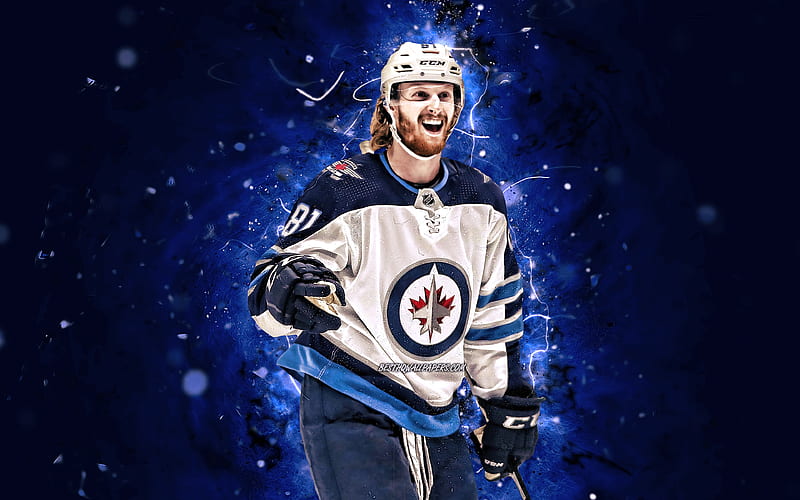 Kyle Connor NHL, Winnipeg Jets, hockey stars, hockey, blue neon lights, hockey players, Kyle Connor Winnipeg Jets, Kyle Connor, HD wallpaper