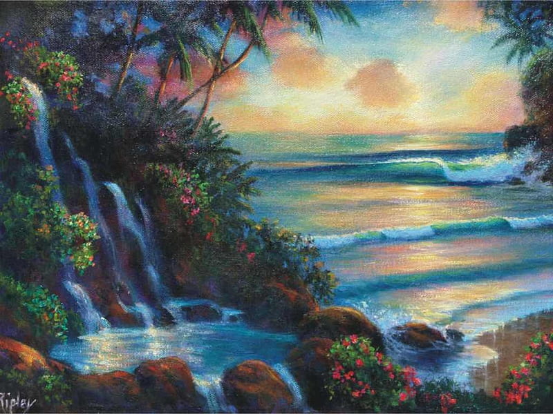 Tropical Oasis, water, flowers, waterfall, trees, sea, HD wallpaper