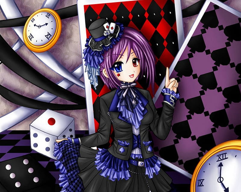 Mad Hatter, pretty, dress, adore, bonito, adorable, card, sweet, anime, beauty, anime girl, blue eyes, female, gown, clock, dice, hat, cute, kawaii, girl, red eyes, HD wallpaper