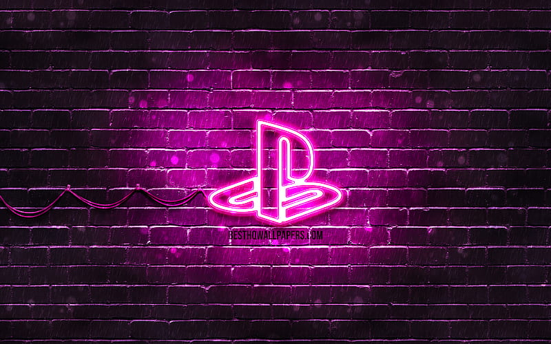 PlayStation purple logo purple brickwall, PlayStation logo, brands, PlayStation neon logo, PlayStation, HD wallpaper