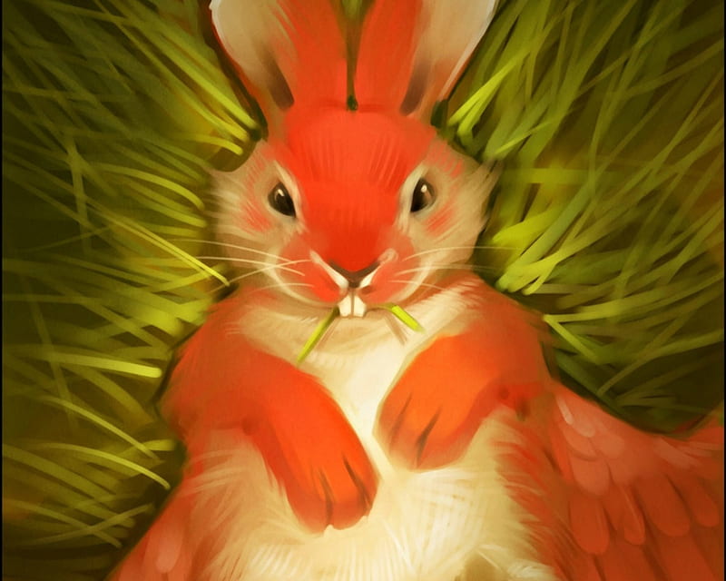 Louie, art, rabbit, luminos, orange, wing, gaudibuendia, cute, fantasy, green, bunny, HD wallpaper