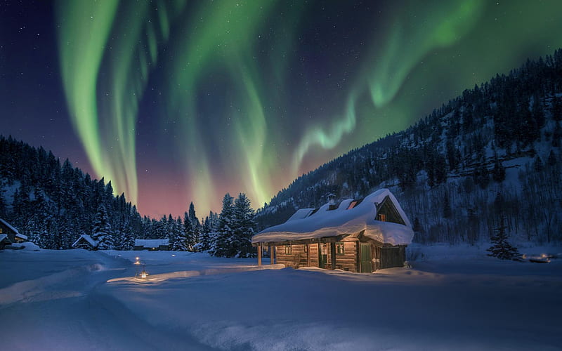 Winter landscape, Forest, House, Winter, Northern lights, HD wallpaper