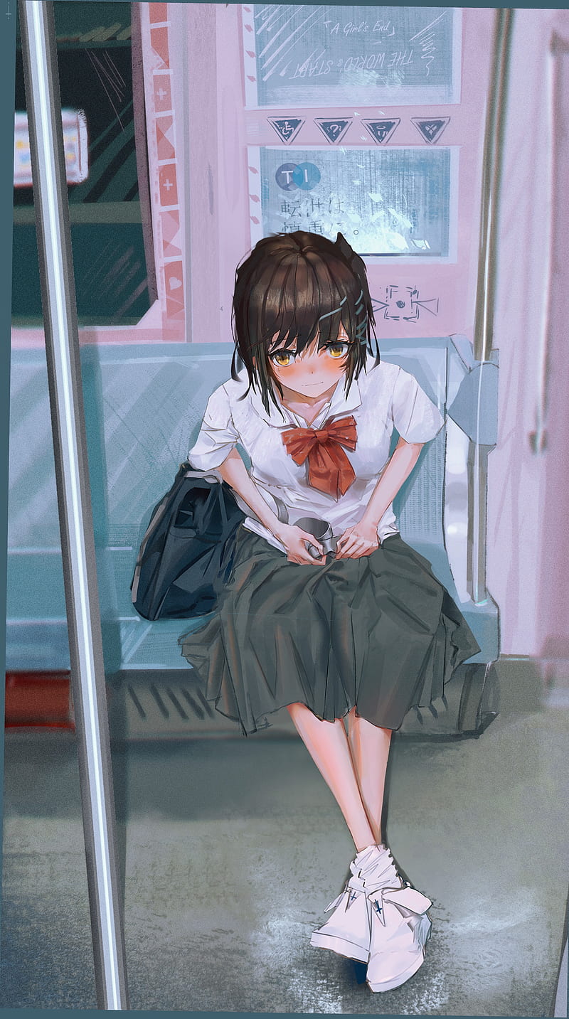 anime school girl, train trip, uniform, brown hair, Anime, HD phone wallpaper