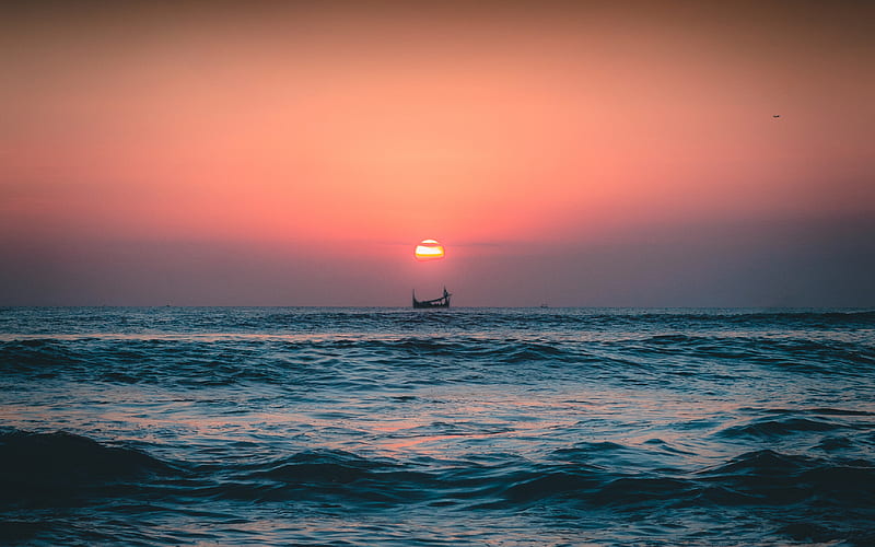 sea, ship, sunset, sun, waves, HD wallpaper