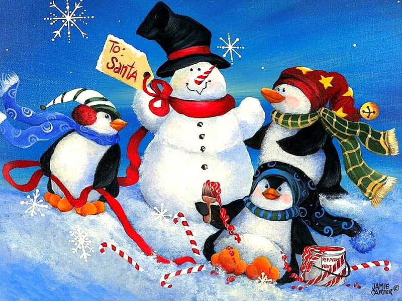 ★Penguins Playtime★, holidays, playtime, bonito, most ed, digital art, seasons, xmas and new year, greetings, paintings, drawings, joyful, hats, lovely, christmas, love four seasons, festivals, creative pre-made, snowman, winter, cute, scraves, snow, snowflakes, penguins, celebrations, HD wallpaper