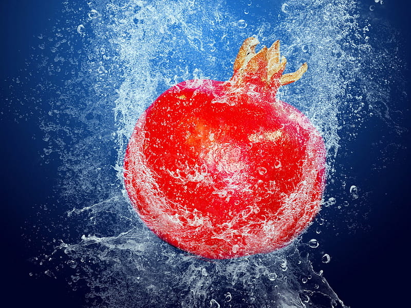 Food_Fruits_and_Berryes_Pomegranate, red, water, food, fruits, pome, blue, HD wallpaper