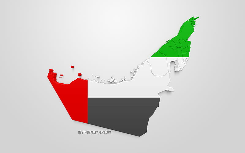 3d flag of United Arab Emirates, map silhouette of UAE, 3d art, UAE flag, Europe, United Arab Emirates, geography, UAE 3d silhouette, HD wallpaper