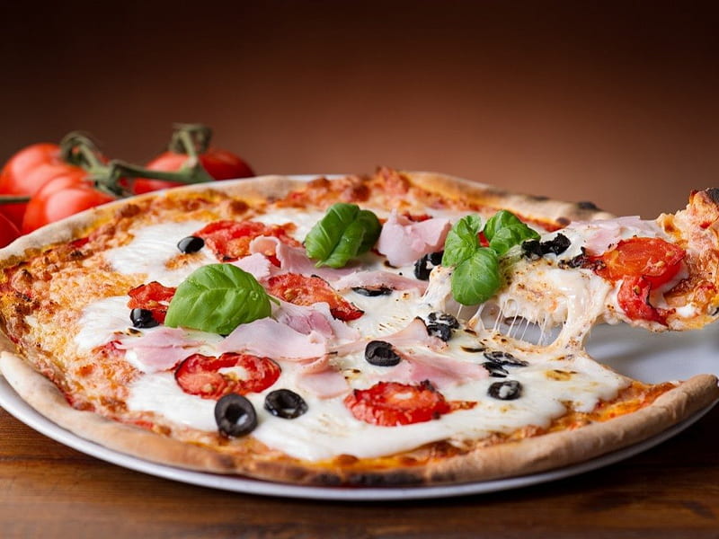 Pizza, delicious, food, italian food, piece, vegetables, HD wallpaper