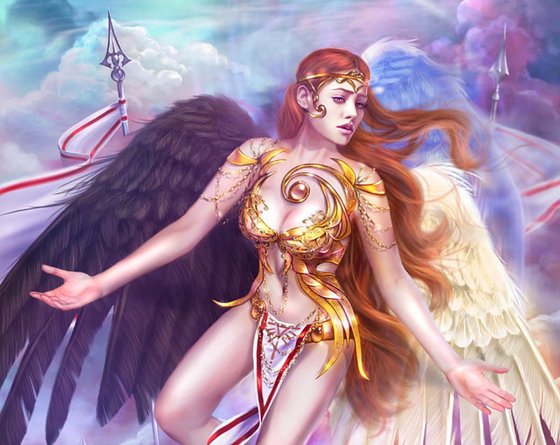 Three winged goddess, wings, redhead, luminos, angel, drazenka kimpel, fantasy, purple, girl, feather, blue, HD wallpaper